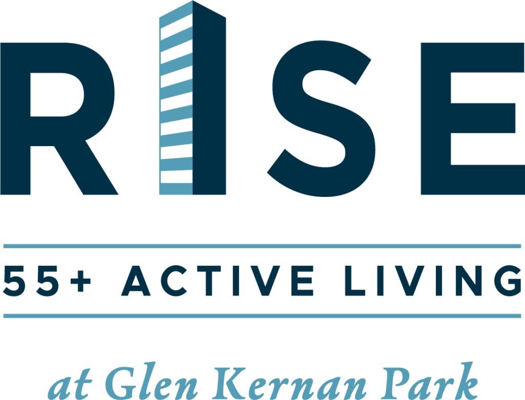 Logo for Rise 55+ Active Living at Glen Kernan Park, featuring a stylized building graphic.