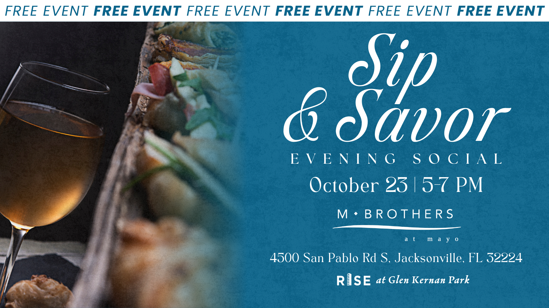 Sip & Savor Evening Social event on October 23, 5-7 PM, Jacksonville. Free entry with wine and food.
