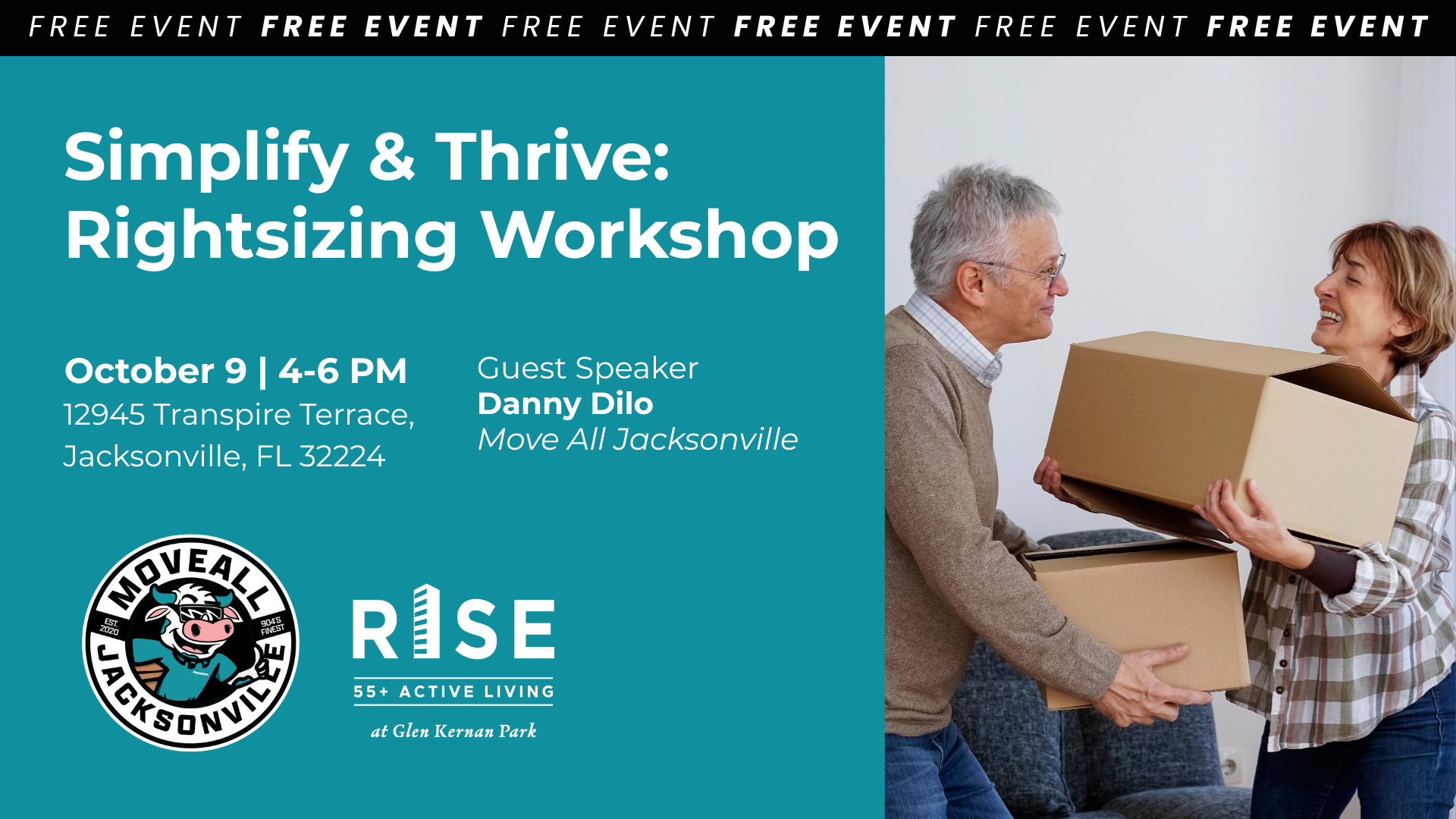 Join Simplify & Thrive: Rightsizing Workshop in Jacksonville, Oct 9, 4-6 PM, with speaker Danny Dilo. Free Event.