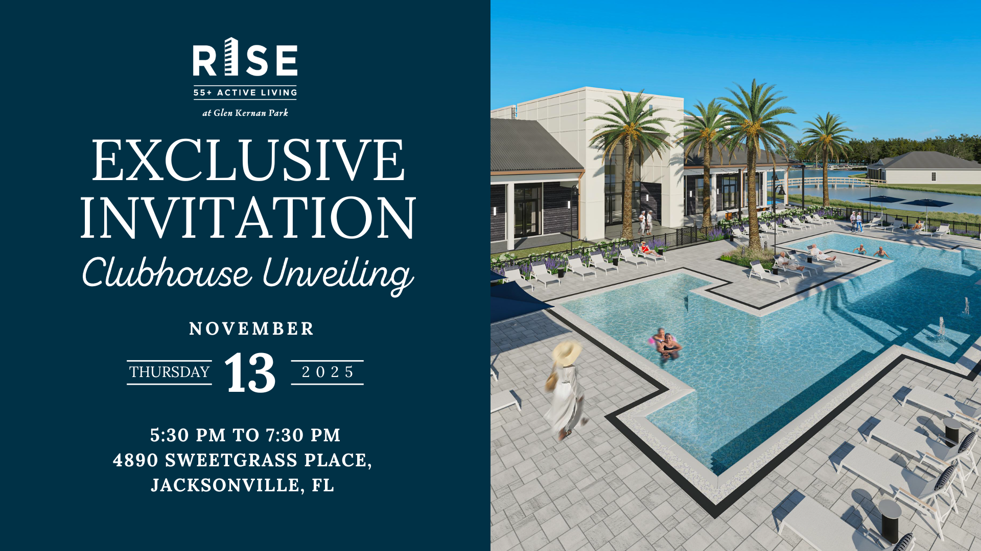 Exclusive invitation to RISE clubhouse unveiling on November 13, 2025, in Jacksonville, FL. Enjoy the poolside view!