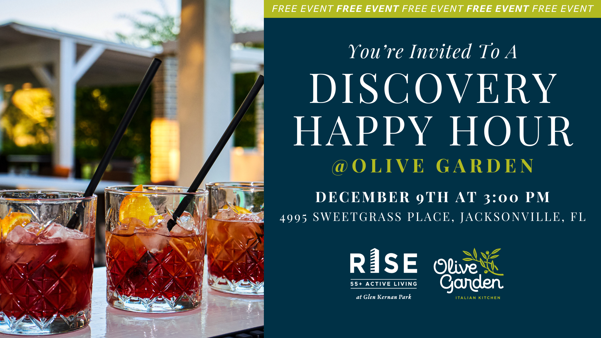 Join the Discovery Happy Hour at Olive Garden, Jacksonville, December 9th, 3 PM. Free event, drinks, fun.