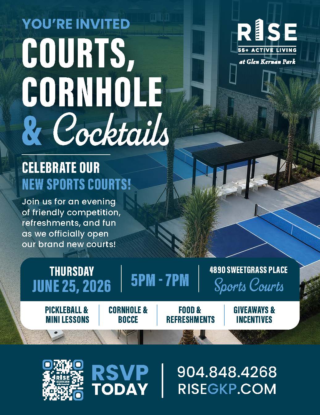 Invitation to Courts, Cornhole, & Cocktails event at Rise Active Living, June 25, 2026, featuring new sports courts.