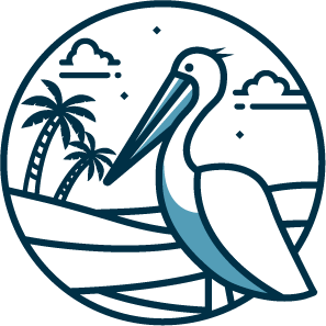 Iconic pelican illustration with tropical palm trees and clouds in the background, framed in a circular design.